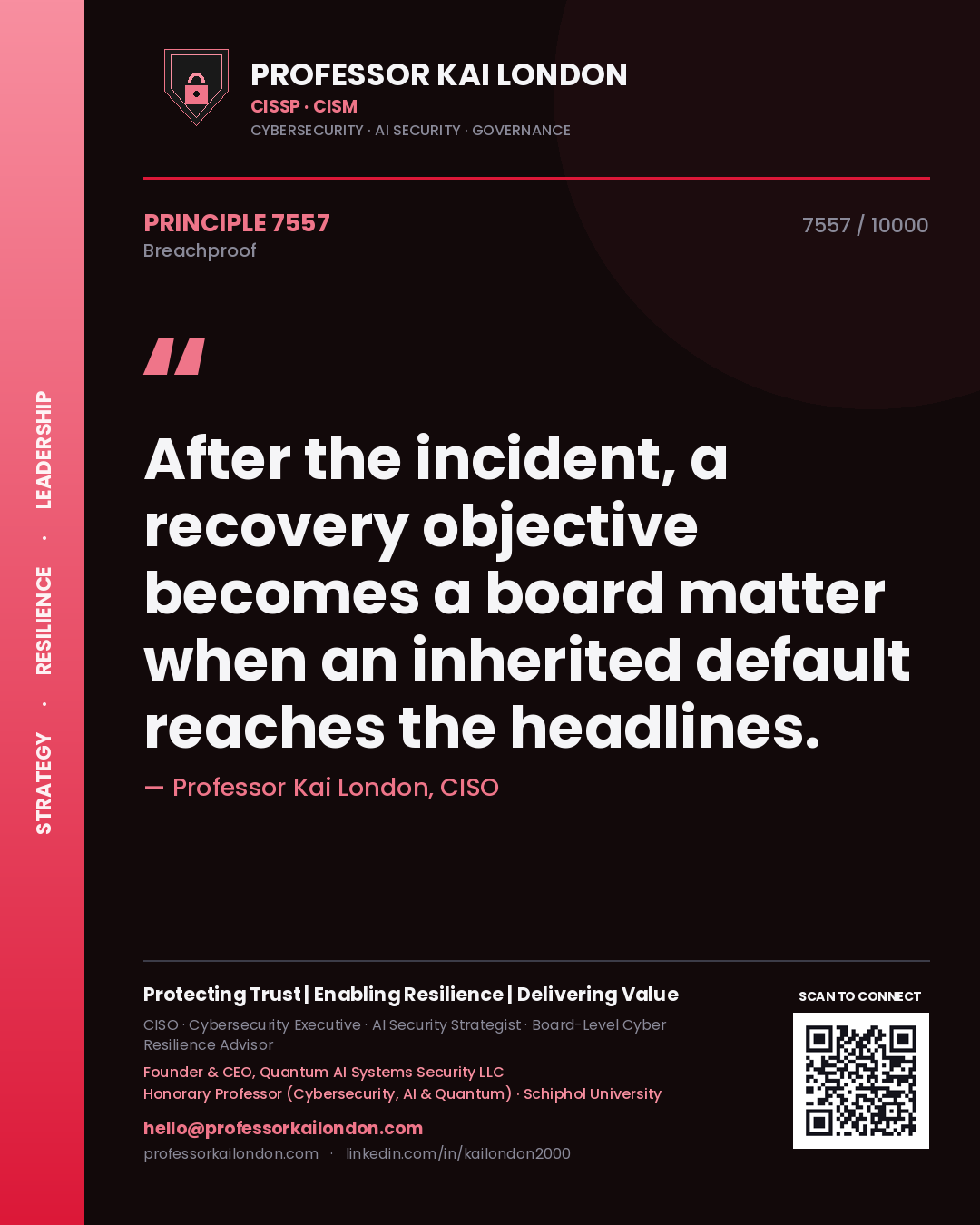 Professor Kai London principle 7557: After the incident, a recovery objective becomes a board matter when an inherited default reaches the headlines.
