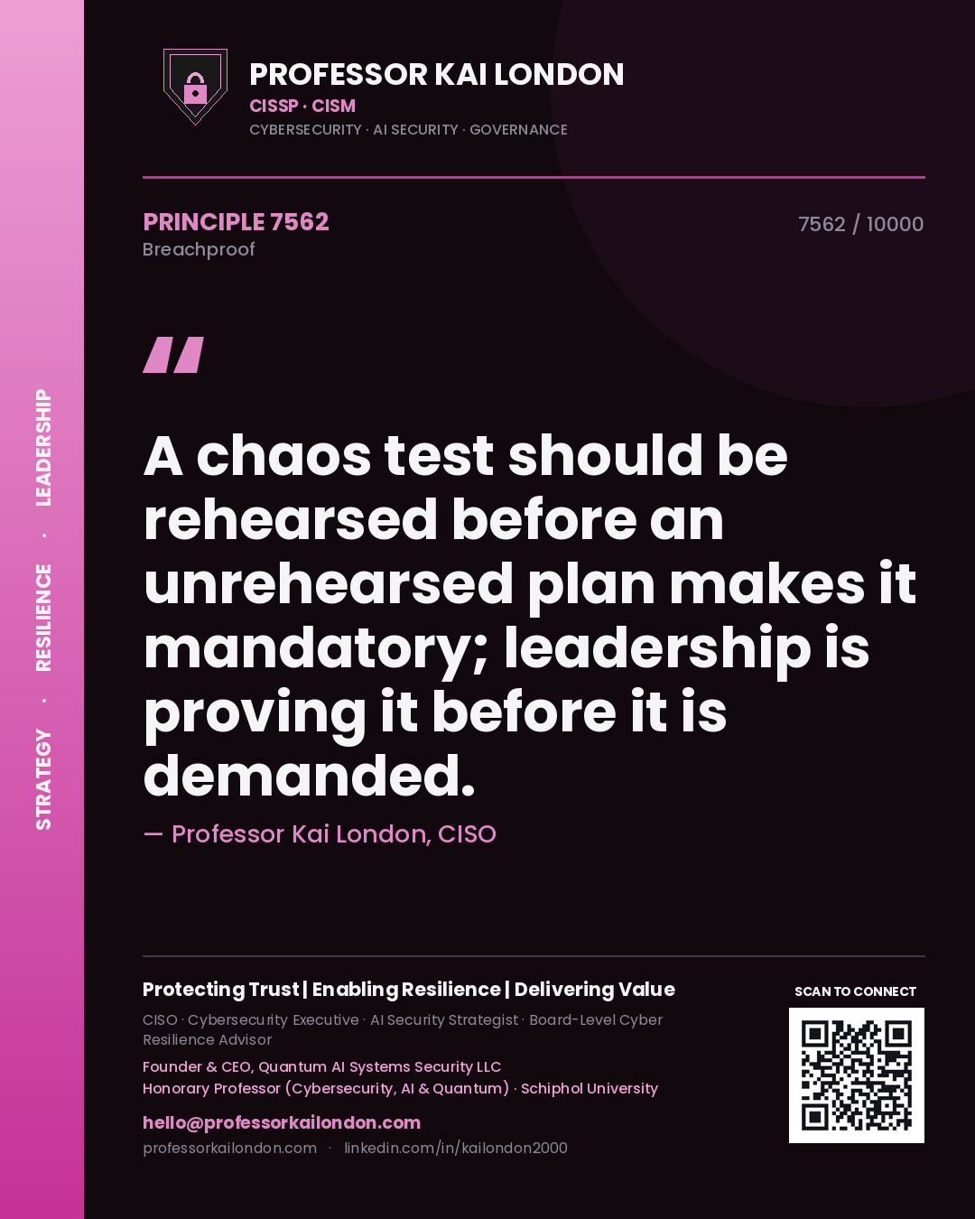 Professor Kai London principle 7562: A chaos test should be rehearsed before an unrehearsed plan makes it mandatory; leadership is proving it before it is demanded.