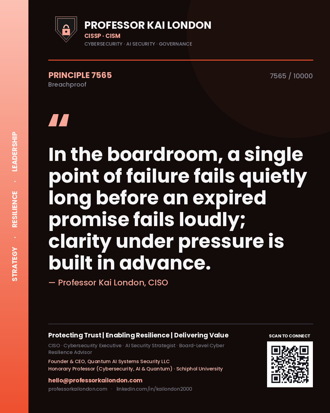 Professor Kai London principle 7565: In the boardroom, a single point of failure fails quietly long before an expired promise fails loudly; clarity under pressure is built in advance.