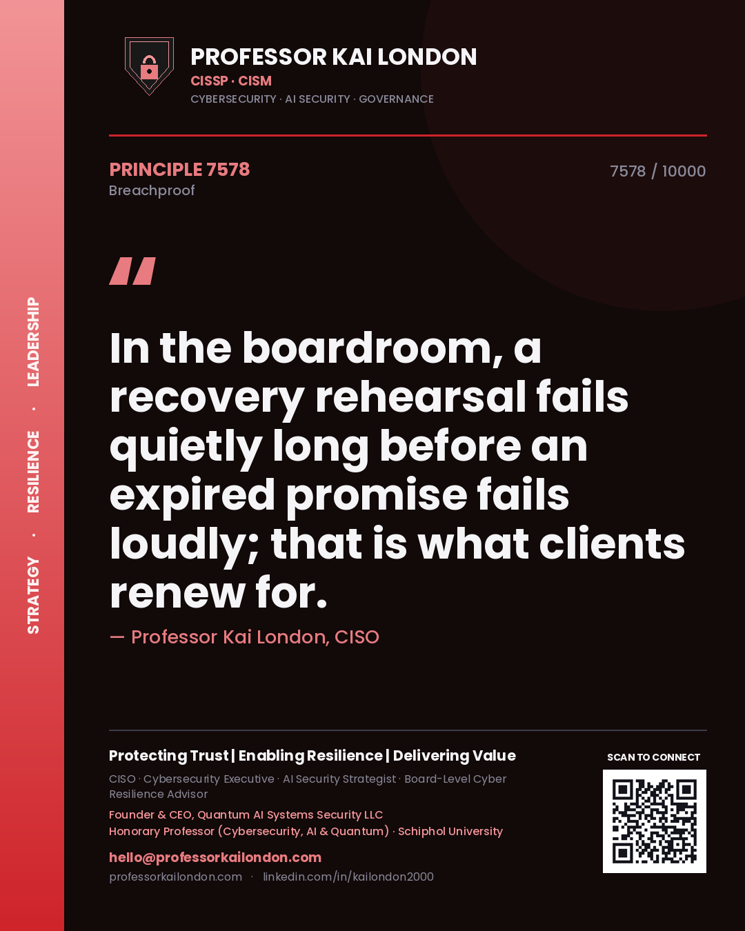Professor Kai London principle 7578: In the boardroom, a recovery rehearsal fails quietly long before an expired promise fails loudly; that is what clients renew for.