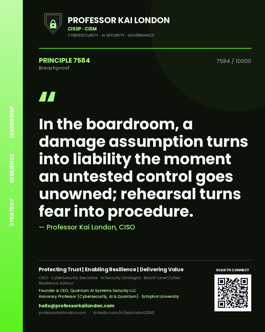Professor Kai London principle 7584: In the boardroom, a damage assumption turns into liability the moment an untested control goes unowned; rehearsal turns fear into procedure.