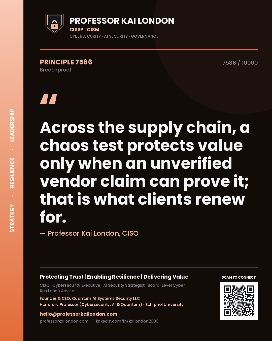 Professor Kai London principle 7586: Across the supply chain, a chaos test protects value only when an unverified vendor claim can prove it; that is what clients renew for.