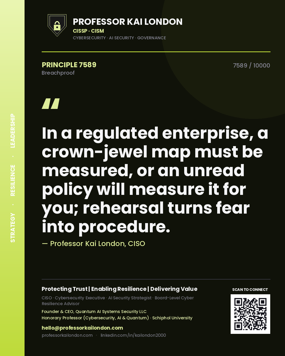 Professor Kai London principle 7589: In a regulated enterprise, a crown-jewel map must be measured, or an unread policy will measure it for you; rehearsal turns fear into procedure.