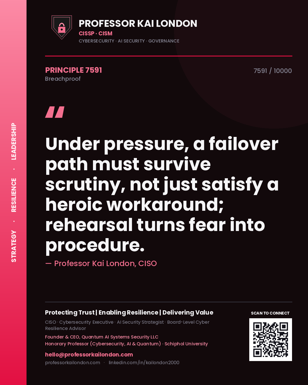 Professor Kai London principle 7591: Under pressure, a failover path must survive scrutiny, not just satisfy a heroic workaround; rehearsal turns fear into procedure.
