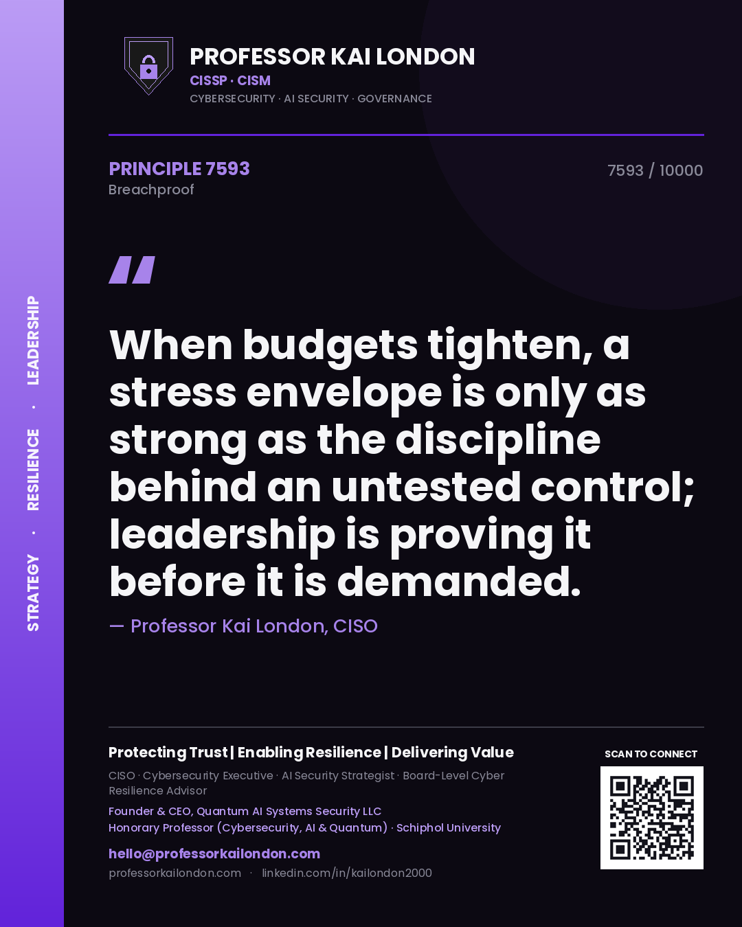 Professor Kai London principle 7593: When budgets tighten, a stress envelope is only as strong as the discipline behind an untested control; leadership is proving it before it is demanded.
