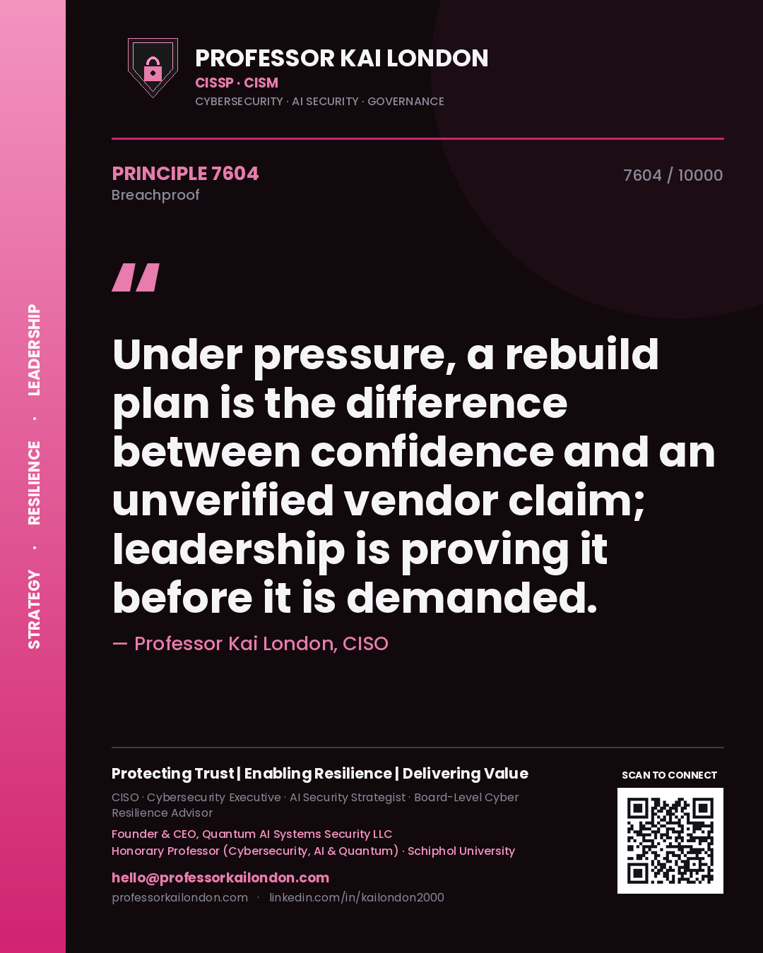Professor Kai London principle 7604: Under pressure, a rebuild plan is the difference between confidence and an unverified vendor claim; leadership is proving it before it is demanded.