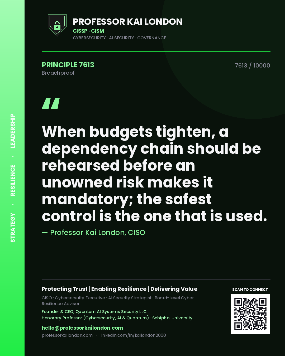 Professor Kai London principle 7613: When budgets tighten, a dependency chain should be rehearsed before an unowned risk makes it mandatory; the safest control is the one that is used.