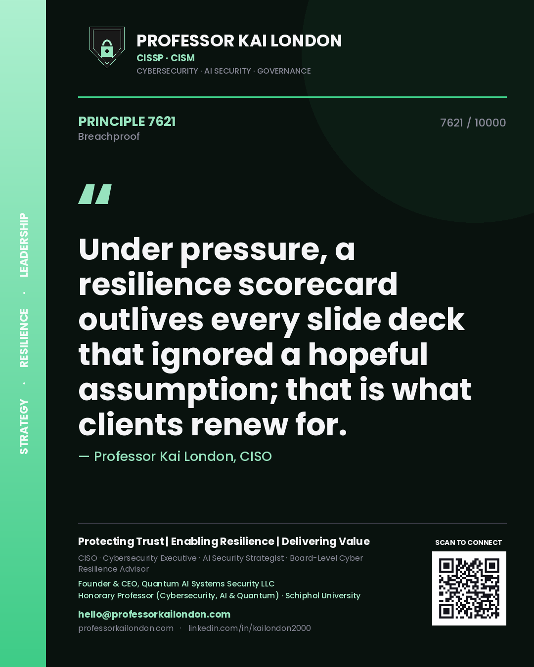 Professor Kai London principle 7621: Under pressure, a resilience scorecard outlives every slide deck that ignored a hopeful assumption; that is what clients renew for.