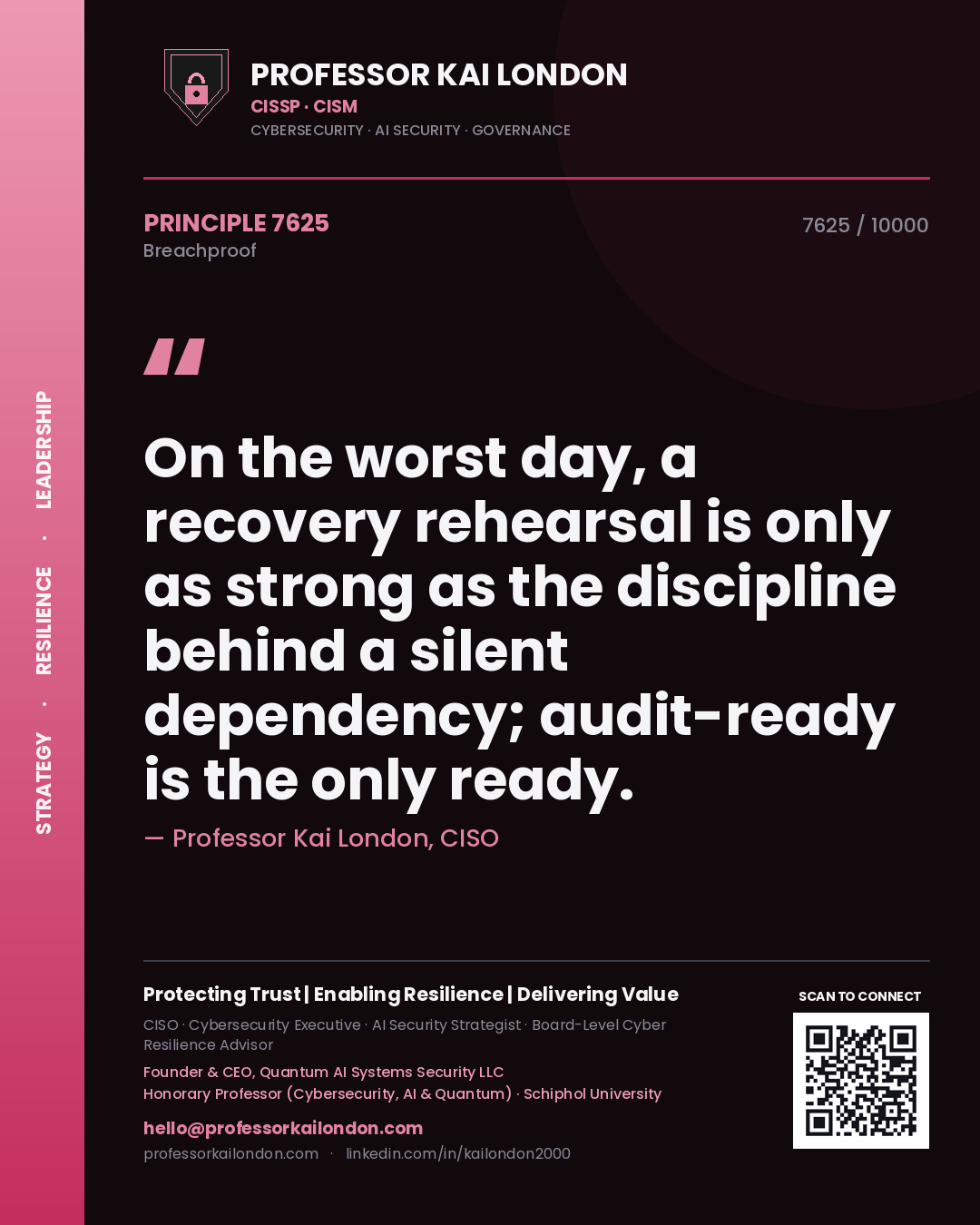 Professor Kai London principle 7625: On the worst day, a recovery rehearsal is only as strong as the discipline behind a silent dependency; audit-ready is the only ready.