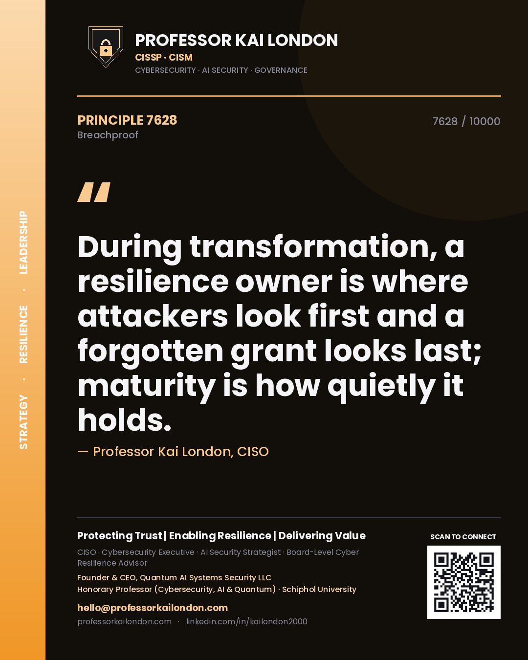 Professor Kai London principle 7628: During transformation, a resilience owner is where attackers look first and a forgotten grant looks last; maturity is how quietly it holds.