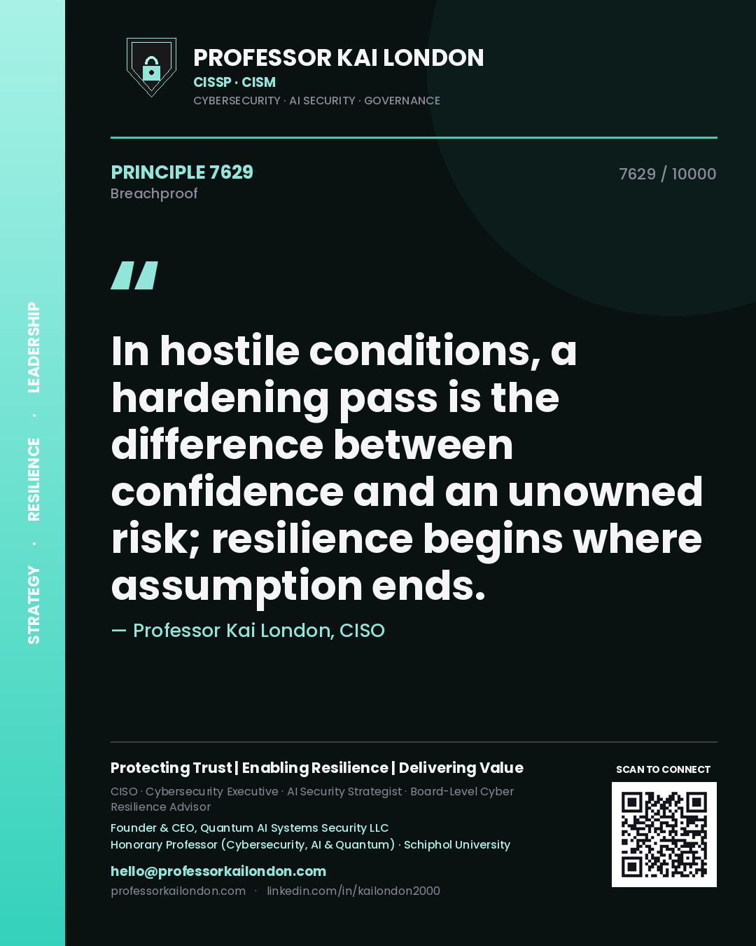 Professor Kai London principle 7629: In hostile conditions, a hardening pass is the difference between confidence and an unowned risk; resilience begins where assumption ends.