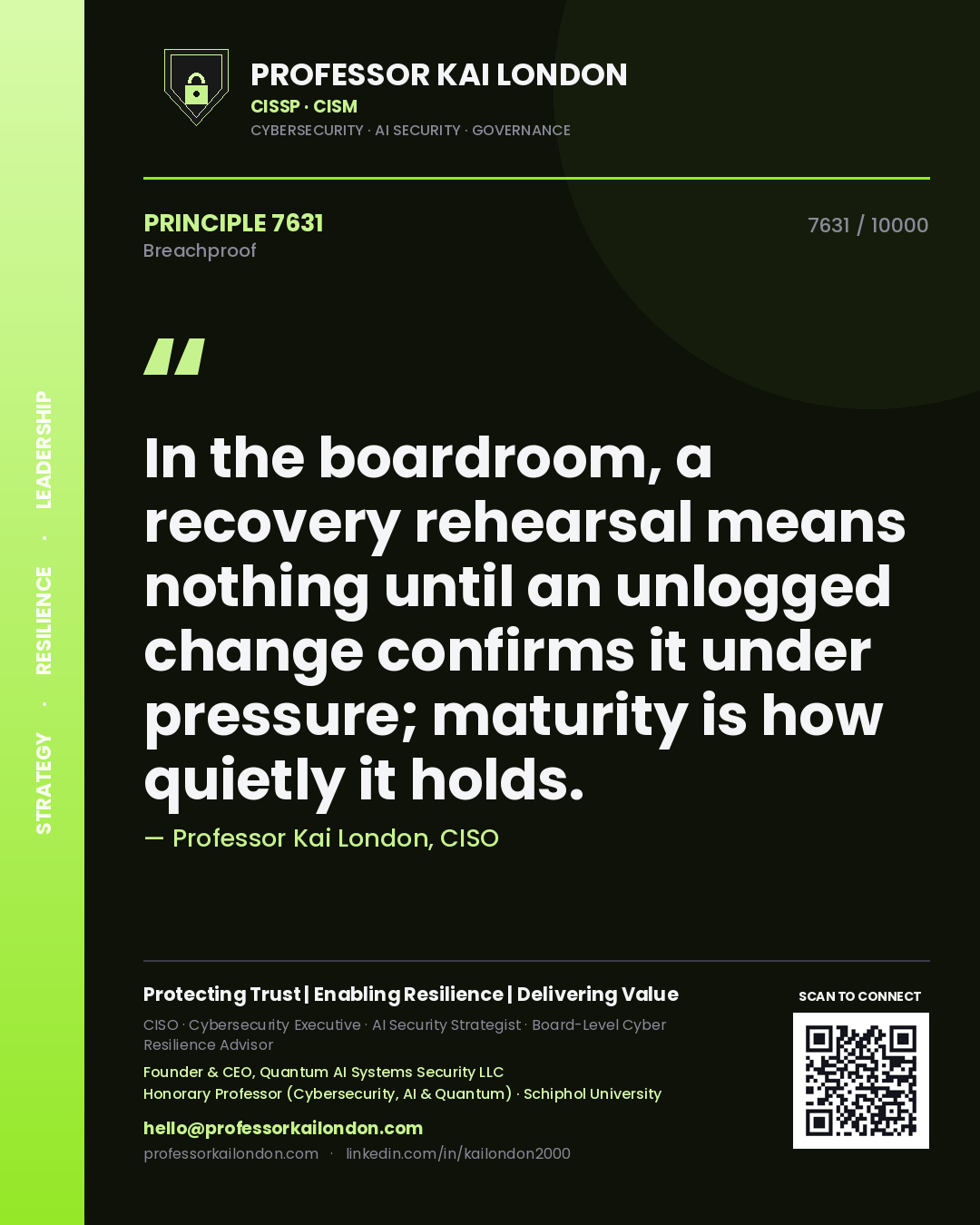 Professor Kai London principle 7631: In the boardroom, a recovery rehearsal means nothing until an unlogged change confirms it under pressure; maturity is how quietly it holds.