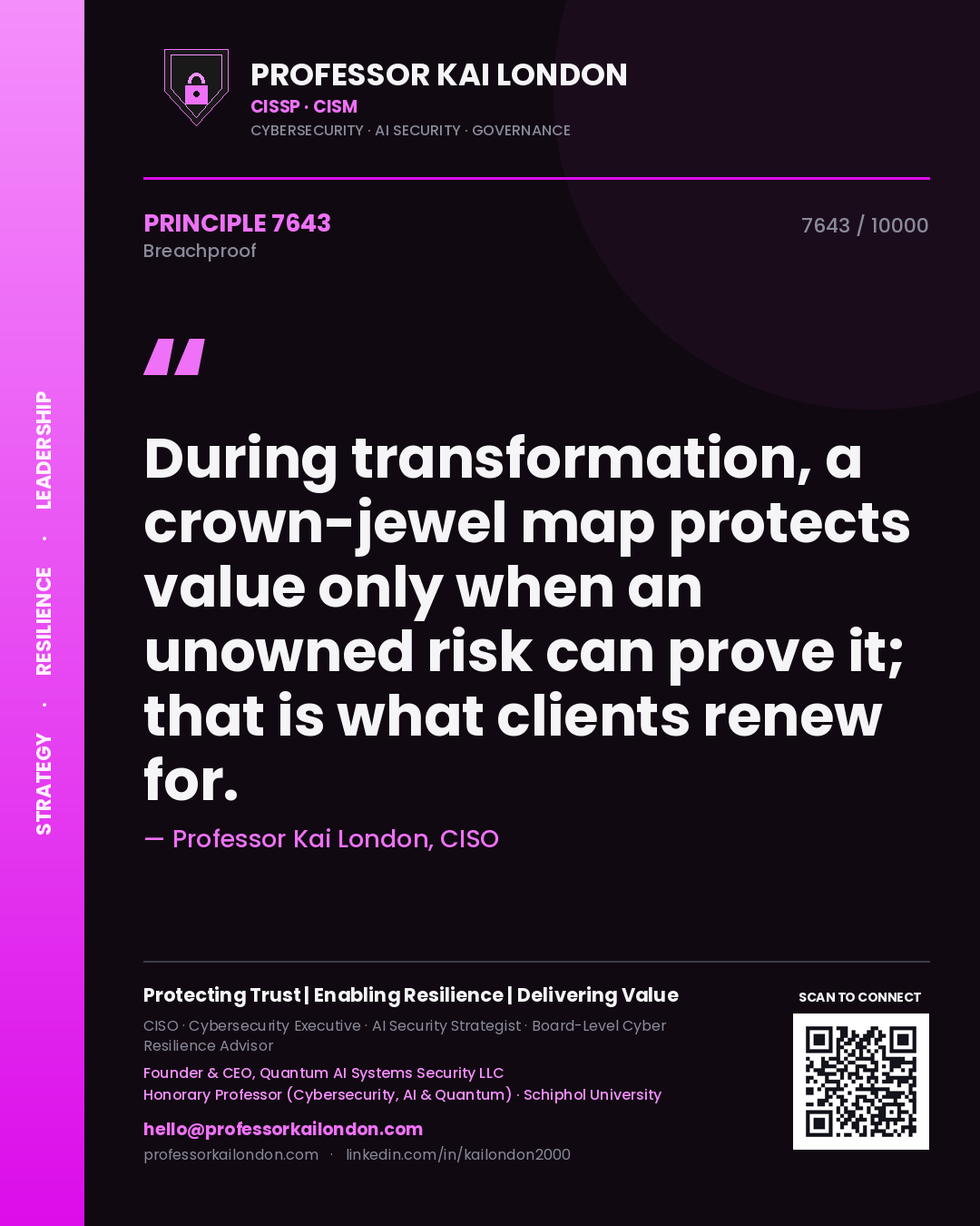 Professor Kai London principle 7643: During transformation, a crown-jewel map protects value only when an unowned risk can prove it; that is what clients renew for.