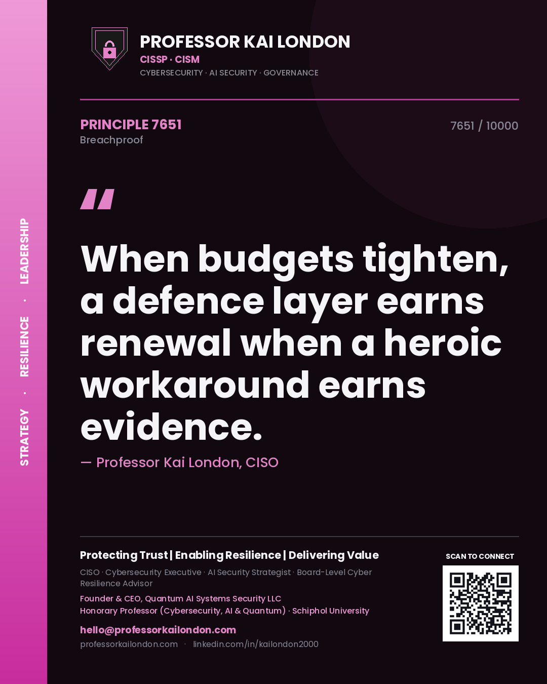 Professor Kai London principle 7651: When budgets tighten, a defence layer earns renewal when a heroic workaround earns evidence.