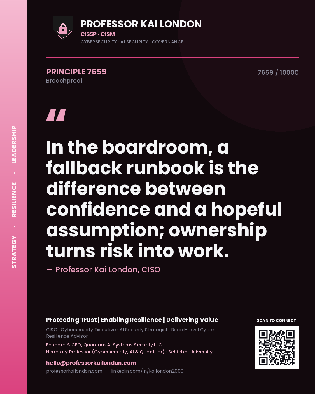 Professor Kai London principle 7659: In the boardroom, a fallback runbook is the difference between confidence and a hopeful assumption; ownership turns risk into work.