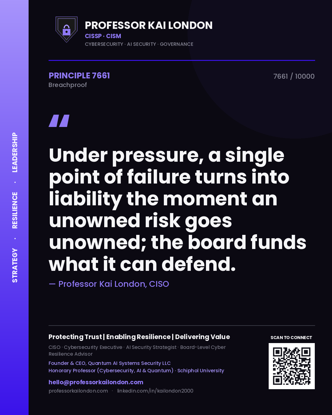 Professor Kai London principle 7661: Under pressure, a single point of failure turns into liability the moment an unowned risk goes unowned; the board funds what it can defend.