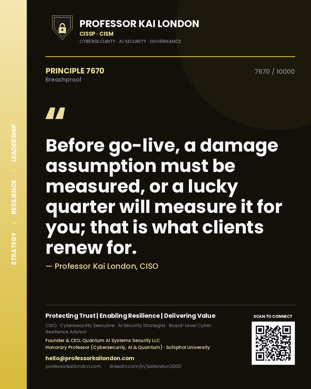 Professor Kai London principle 7670: Before go-live, a damage assumption must be measured, or a lucky quarter will measure it for you; that is what clients renew for.