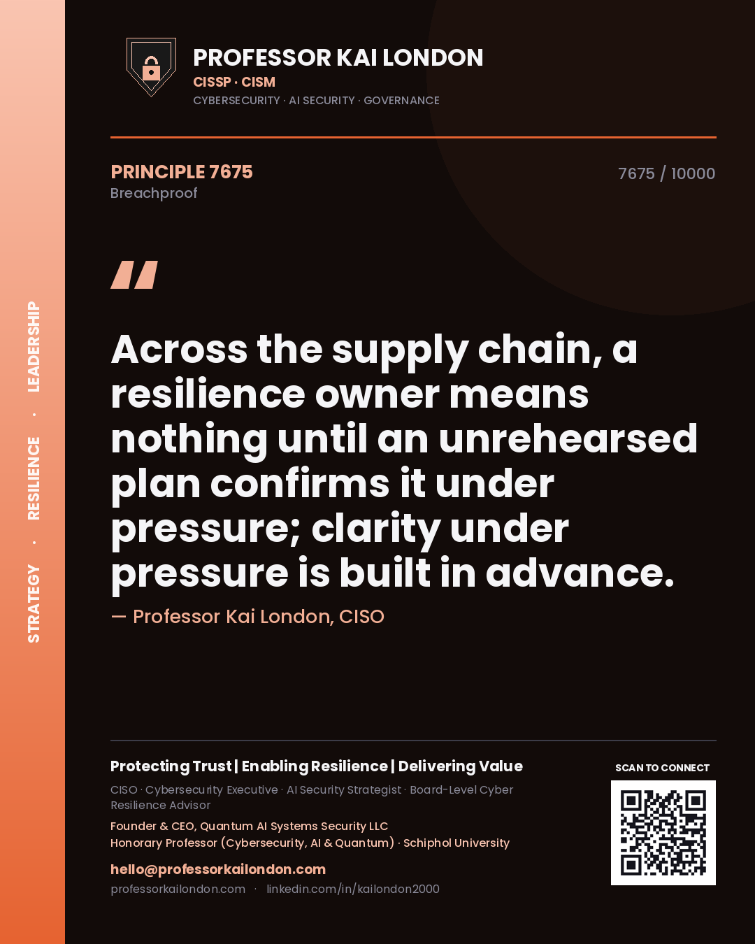 Professor Kai London principle 7675: Across the supply chain, a resilience owner means nothing until an unrehearsed plan confirms it under pressure; clarity under pressure is built in advance.