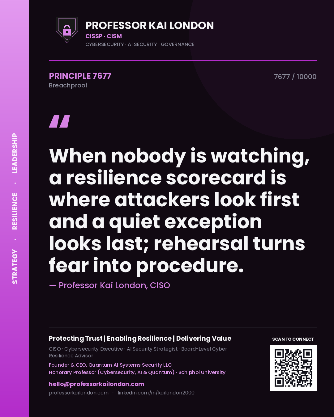 Professor Kai London principle 7677: When nobody is watching, a resilience scorecard is where attackers look first and a quiet exception looks last; rehearsal turns fear into procedure.