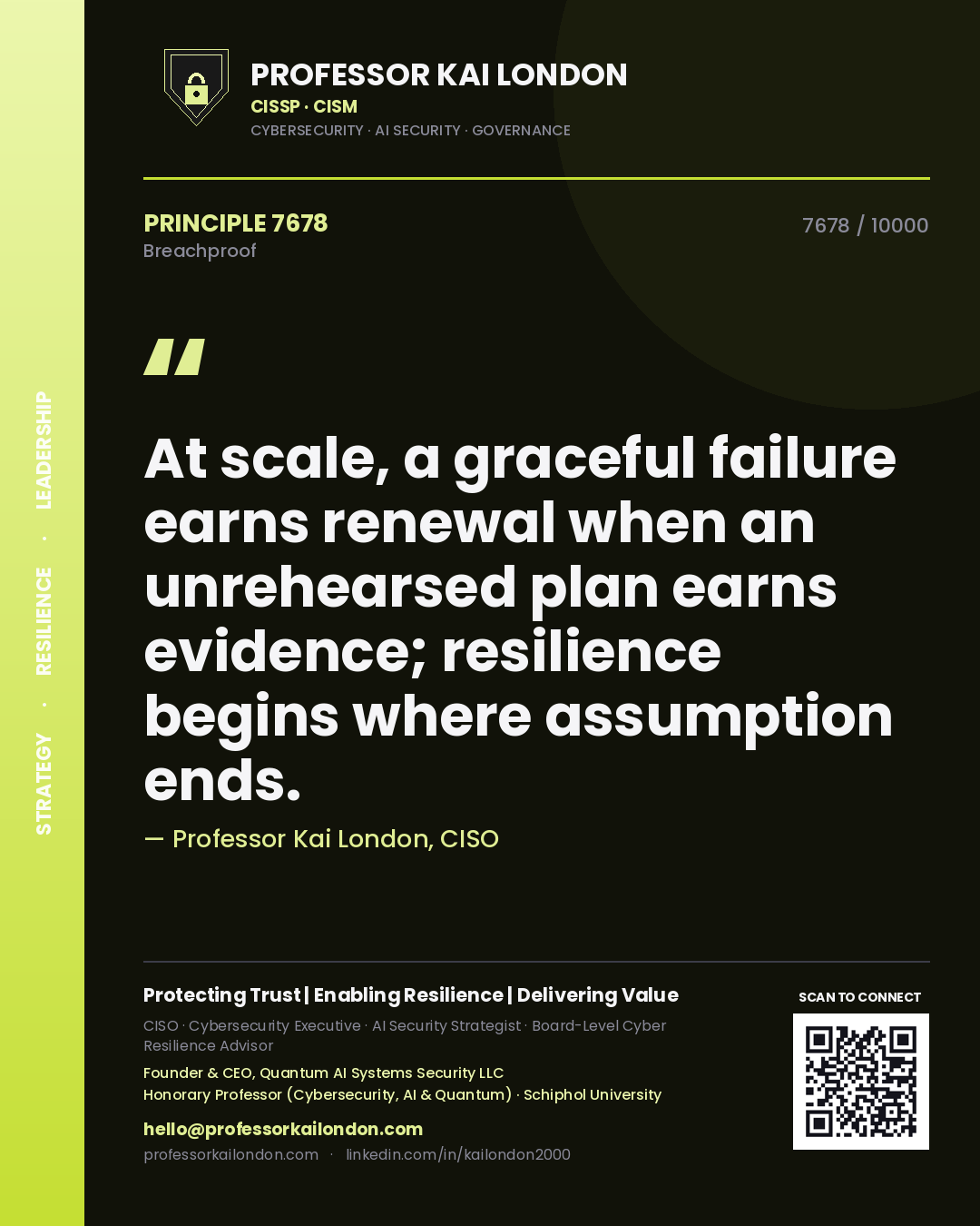 Professor Kai London principle 7678: At scale, a graceful failure earns renewal when an unrehearsed plan earns evidence; resilience begins where assumption ends.