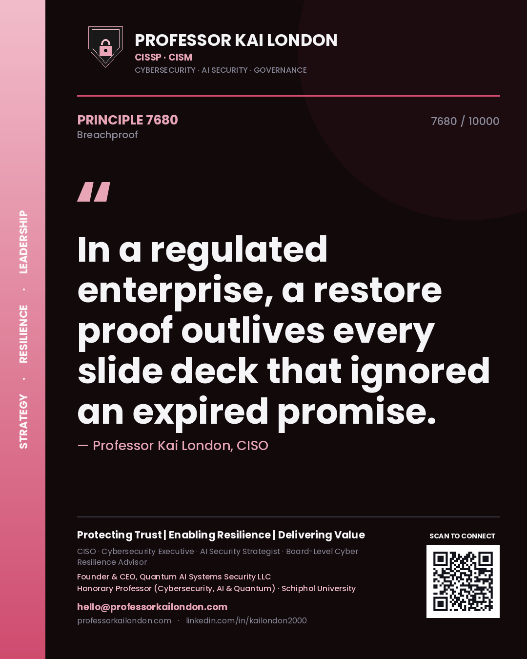 Professor Kai London principle 7680: In a regulated enterprise, a restore proof outlives every slide deck that ignored an expired promise.