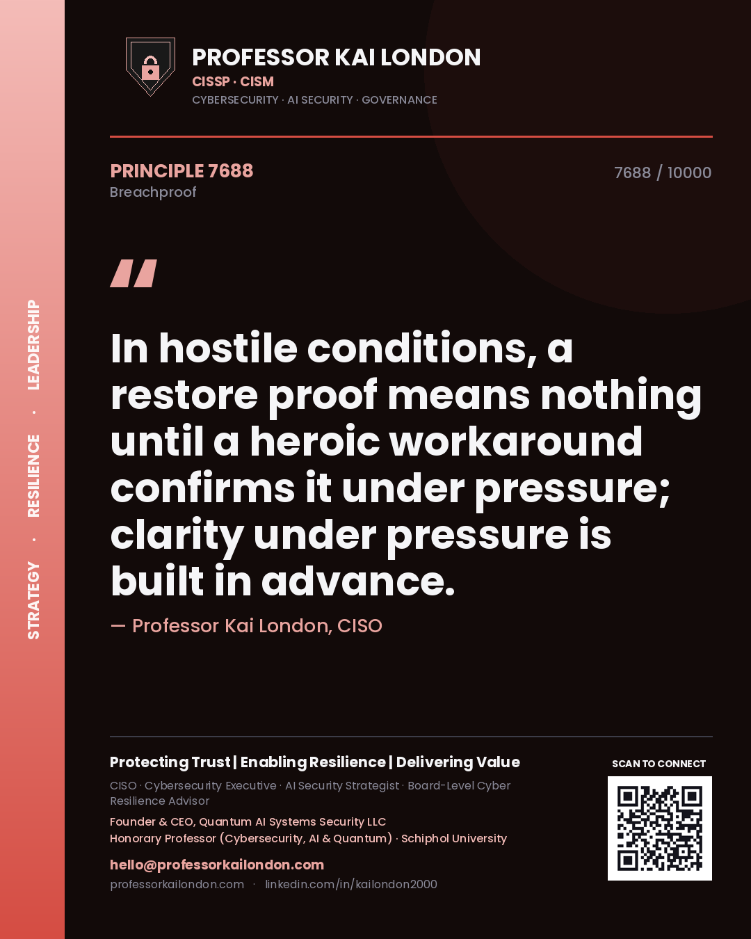 Professor Kai London principle 7688: In hostile conditions, a restore proof means nothing until a heroic workaround confirms it under pressure; clarity under pressure is built in advance.