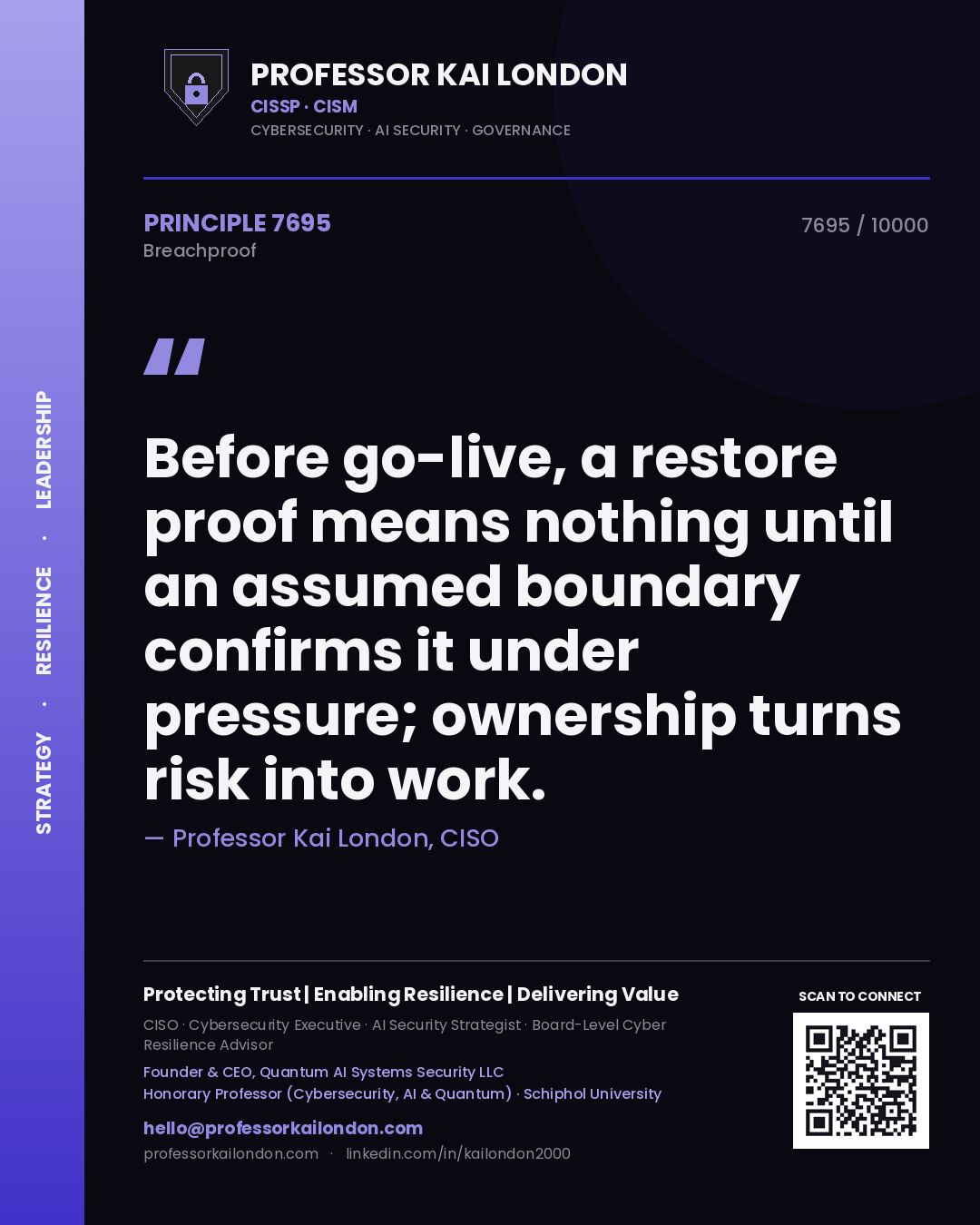 Professor Kai London principle 7695: Before go-live, a restore proof means nothing until an assumed boundary confirms it under pressure; ownership turns risk into work.