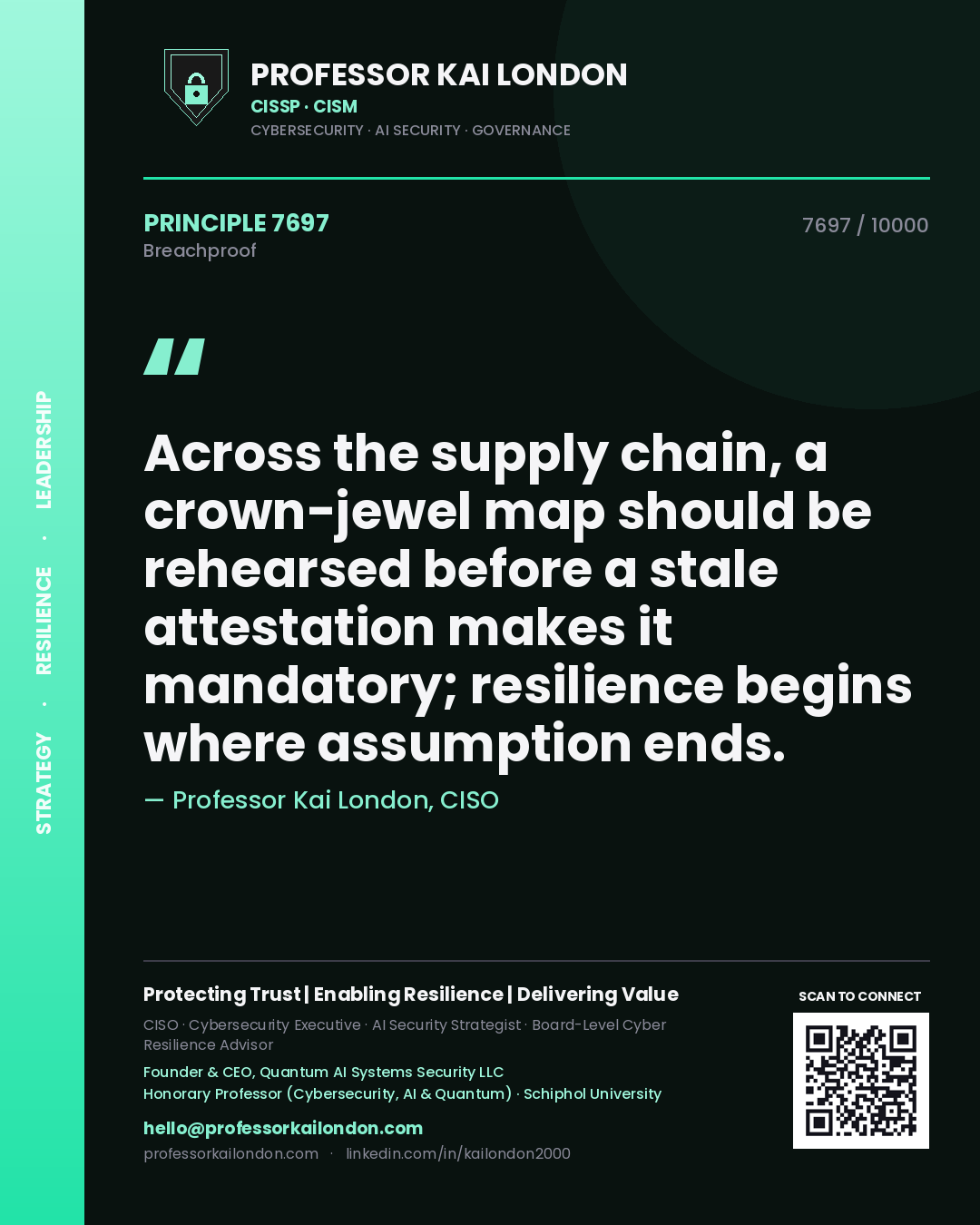 Professor Kai London principle 7697: Across the supply chain, a crown-jewel map should be rehearsed before a stale attestation makes it mandatory; resilience begins where assumption ends.