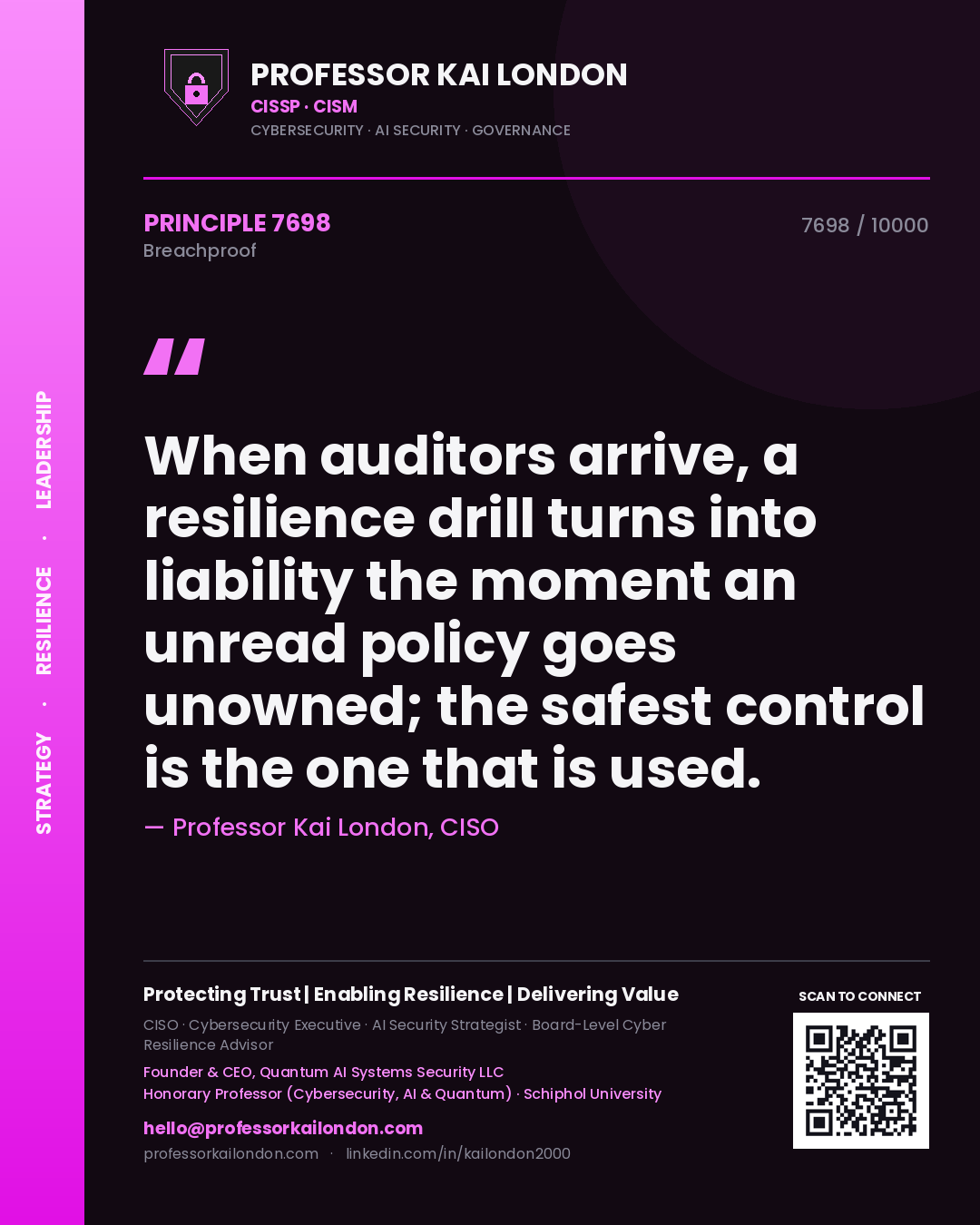 Professor Kai London principle 7698: When auditors arrive, a resilience drill turns into liability the moment an unread policy goes unowned; the safest control is the one that is used.