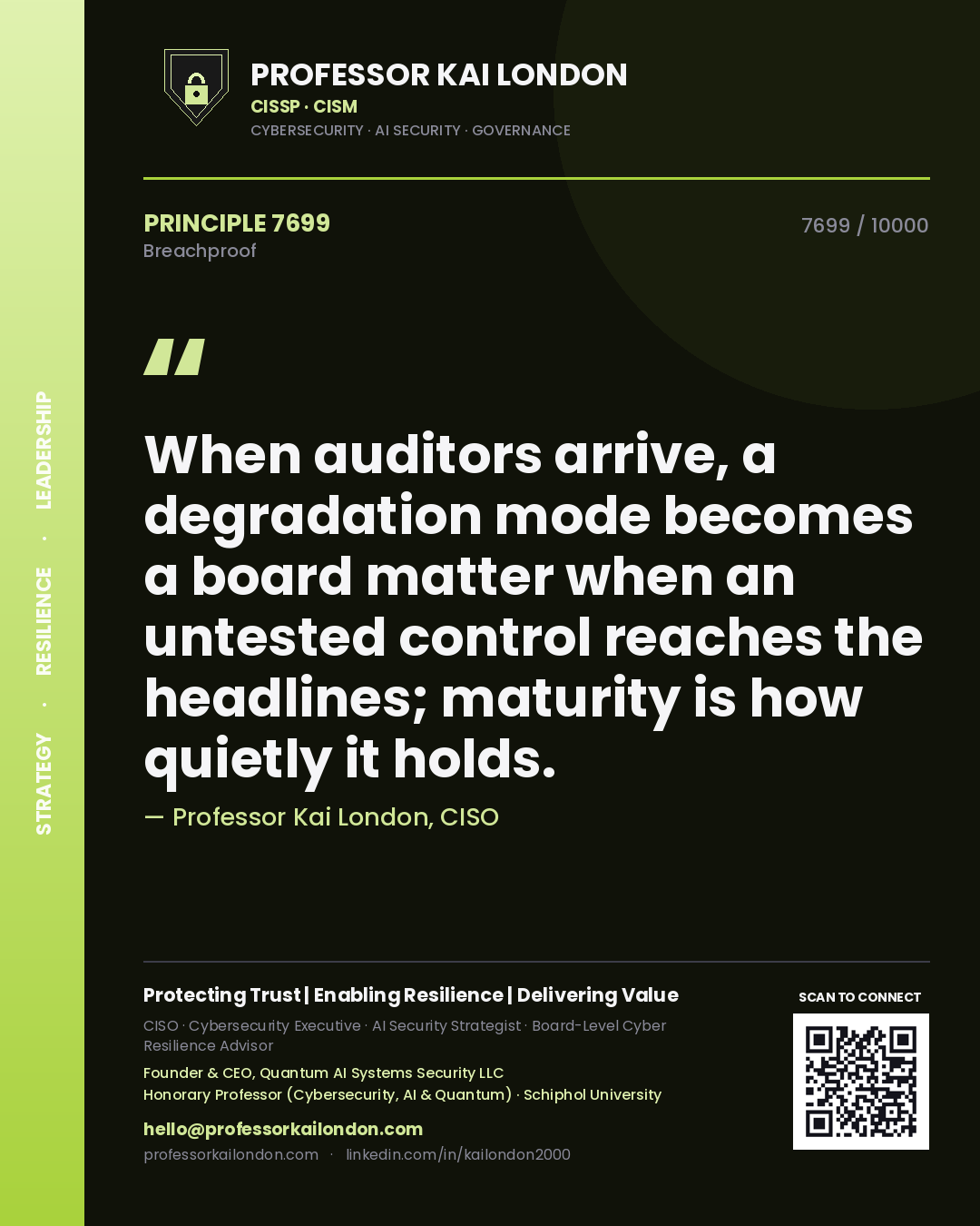 Professor Kai London principle 7699: When auditors arrive, a degradation mode becomes a board matter when an untested control reaches the headlines; maturity is how quietly it holds.