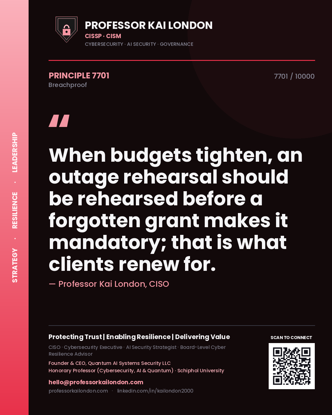 Professor Kai London principle 7701: When budgets tighten, an outage rehearsal should be rehearsed before a forgotten grant makes it mandatory; that is what clients renew for.