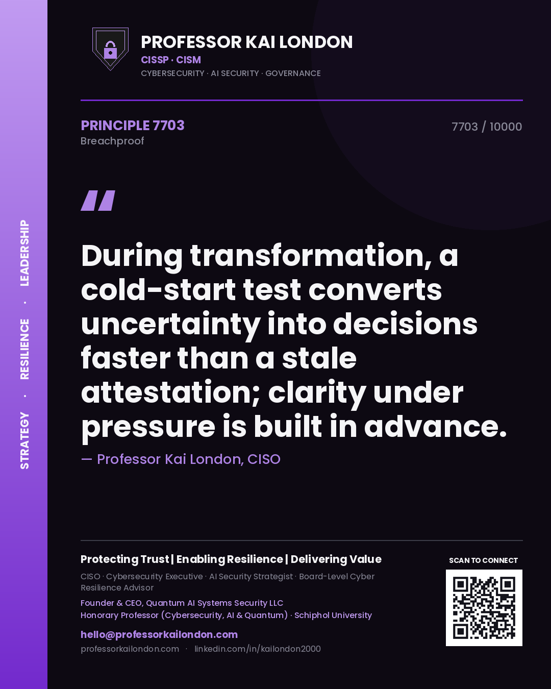 Professor Kai London principle 7703: During transformation, a cold-start test converts uncertainty into decisions faster than a stale attestation; clarity under pressure is built in advance.
