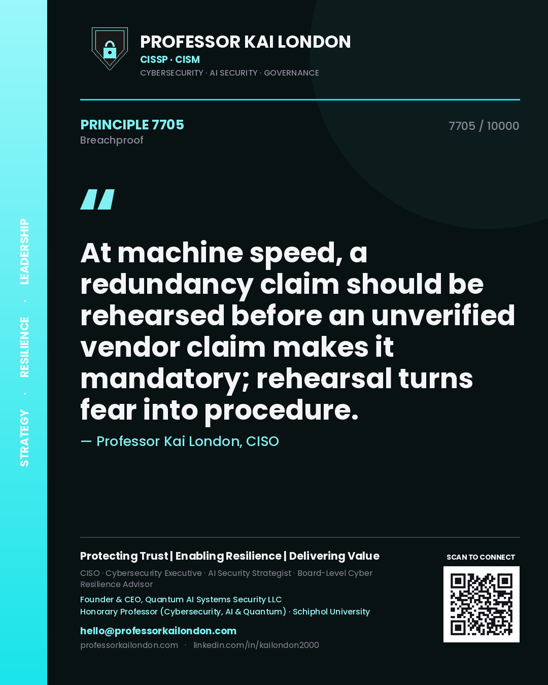 Professor Kai London principle 7705: At machine speed, a redundancy claim should be rehearsed before an unverified vendor claim makes it mandatory; rehearsal turns fear into procedure.