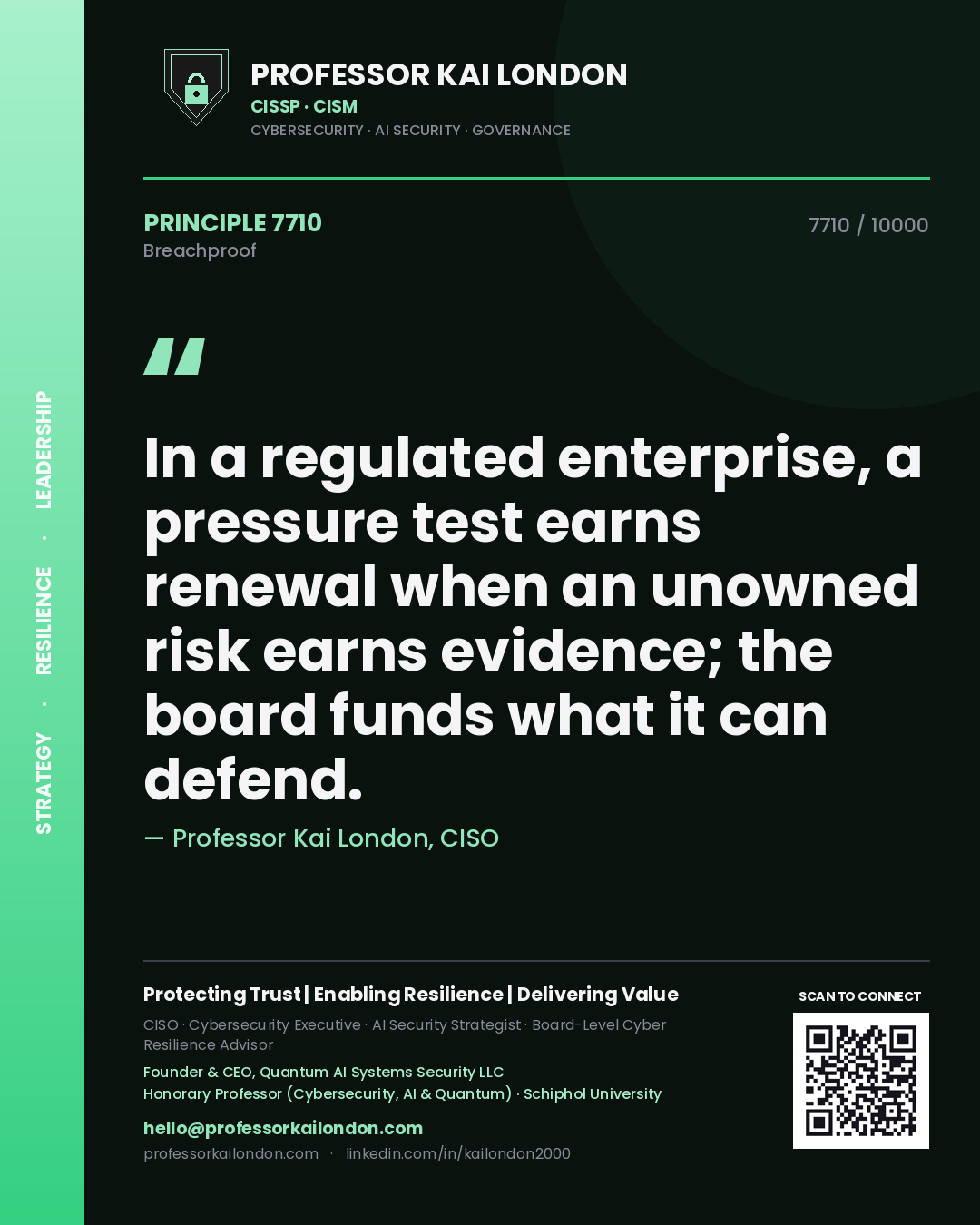 Professor Kai London principle 7710: In a regulated enterprise, a pressure test earns renewal when an unowned risk earns evidence; the board funds what it can defend.