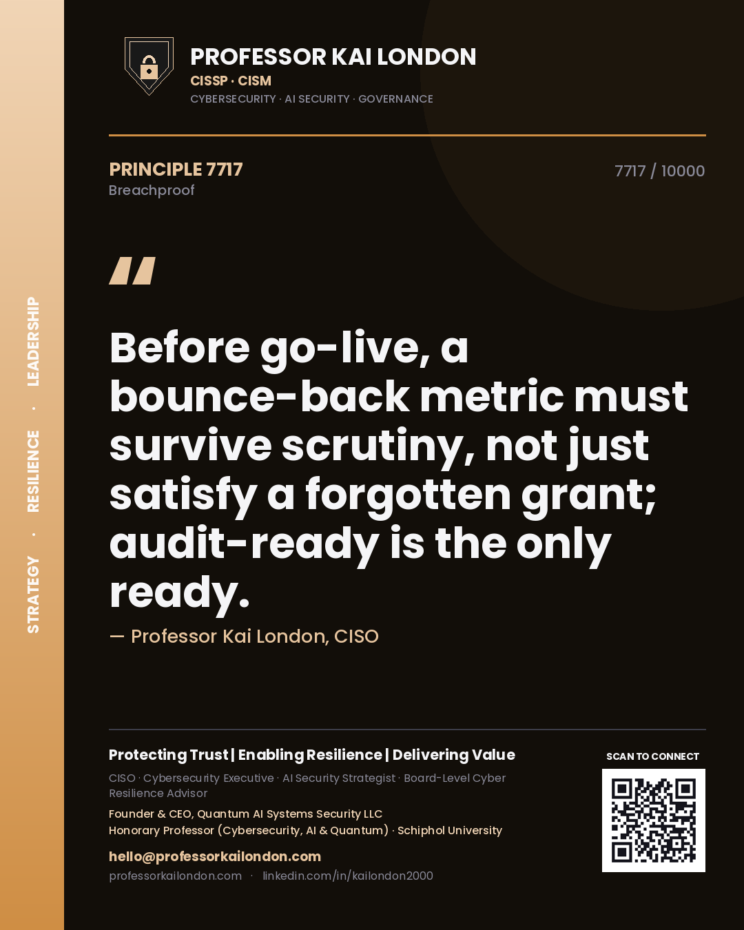 Professor Kai London principle 7717: Before go-live, a bounce-back metric must survive scrutiny, not just satisfy a forgotten grant; audit-ready is the only ready.