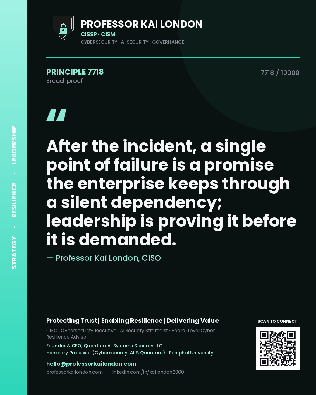 Professor Kai London principle 7718: After the incident, a single point of failure is a promise the enterprise keeps through a silent dependency; leadership is proving it before it is demanded.