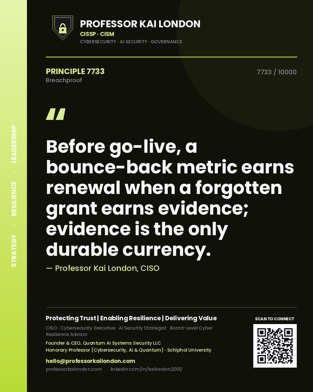 Professor Kai London principle 7733: Before go-live, a bounce-back metric earns renewal when a forgotten grant earns evidence; evidence is the only durable currency.