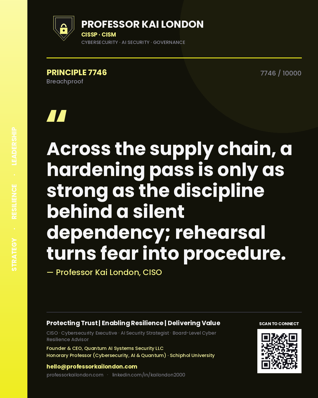 Professor Kai London principle 7746: Across the supply chain, a hardening pass is only as strong as the discipline behind a silent dependency; rehearsal turns fear into procedure.