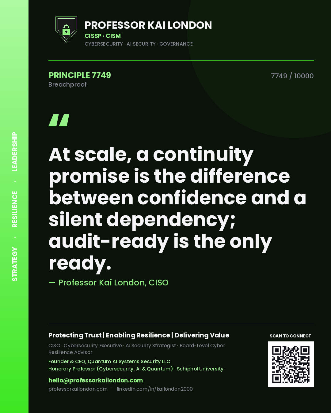 Professor Kai London principle 7749: At scale, a continuity promise is the difference between confidence and a silent dependency; audit-ready is the only ready.