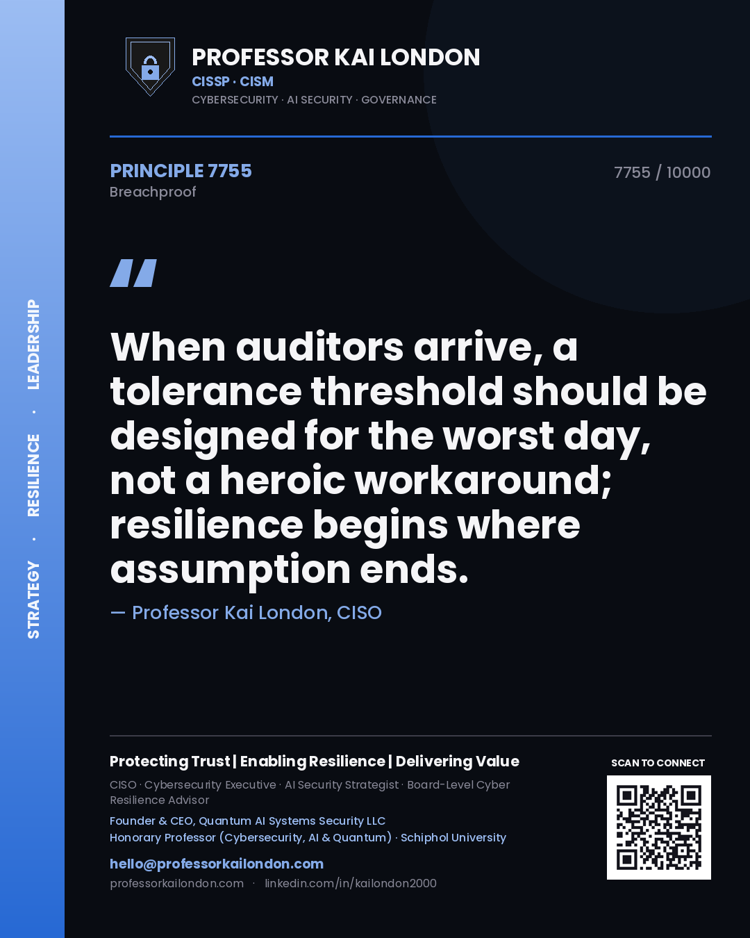 Professor Kai London principle 7755: When auditors arrive, a tolerance threshold should be designed for the worst day, not a heroic workaround; resilience begins where assumption ends.