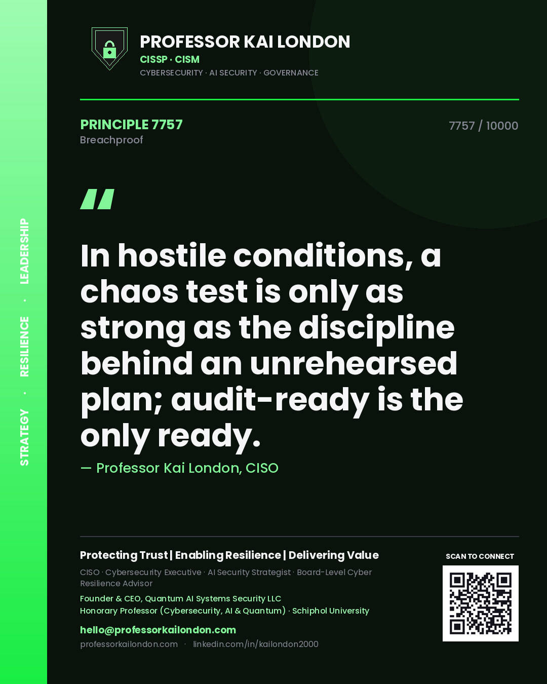 Professor Kai London principle 7757: In hostile conditions, a chaos test is only as strong as the discipline behind an unrehearsed plan; audit-ready is the only ready.