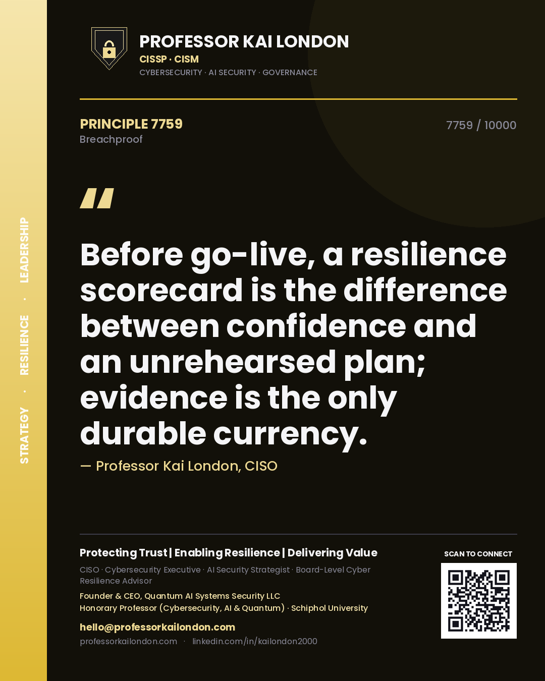 Professor Kai London principle 7759: Before go-live, a resilience scorecard is the difference between confidence and an unrehearsed plan; evidence is the only durable currency.