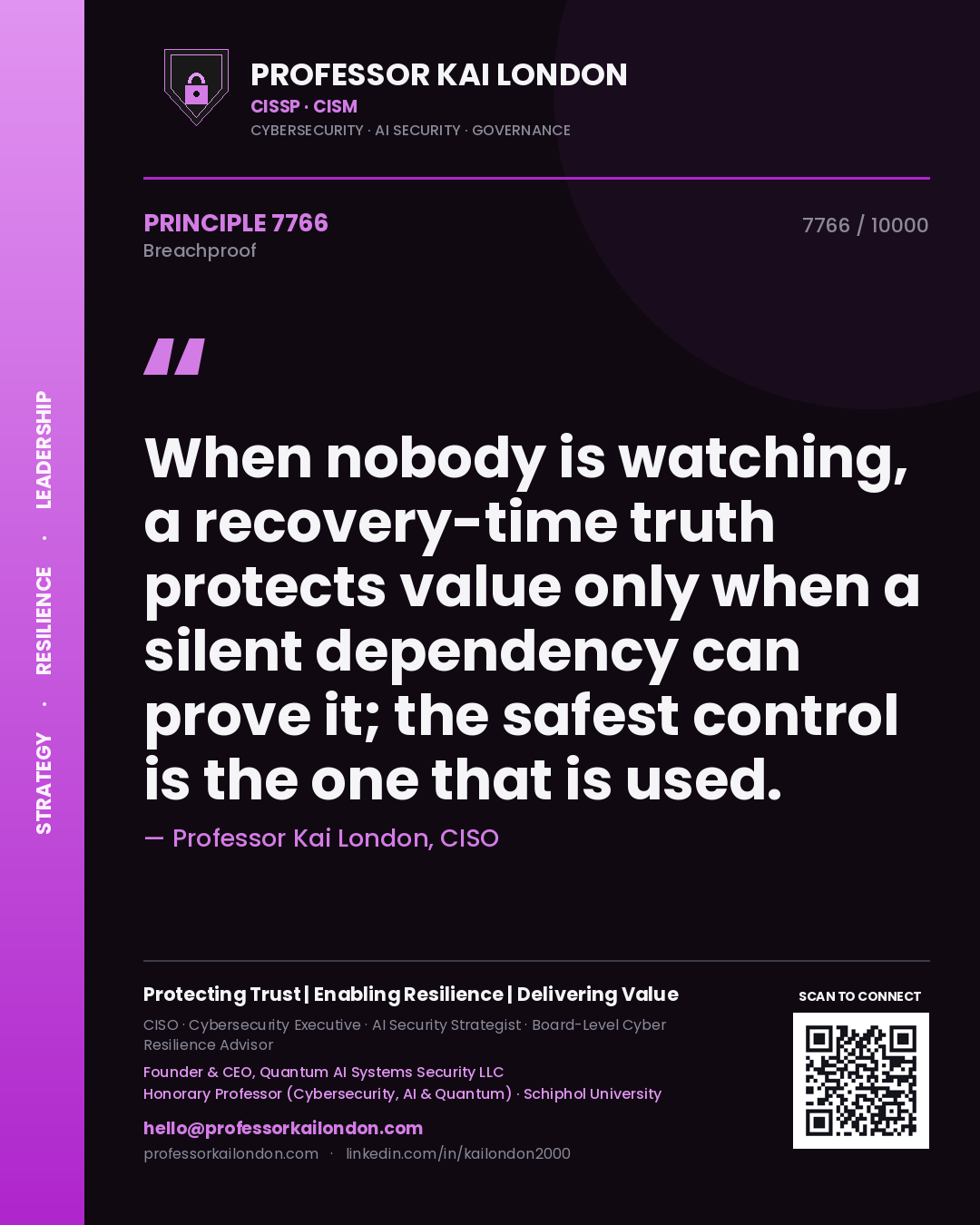 Professor Kai London principle 7766: When nobody is watching, a recovery-time truth protects value only when a silent dependency can prove it; the safest control is the one that is used.