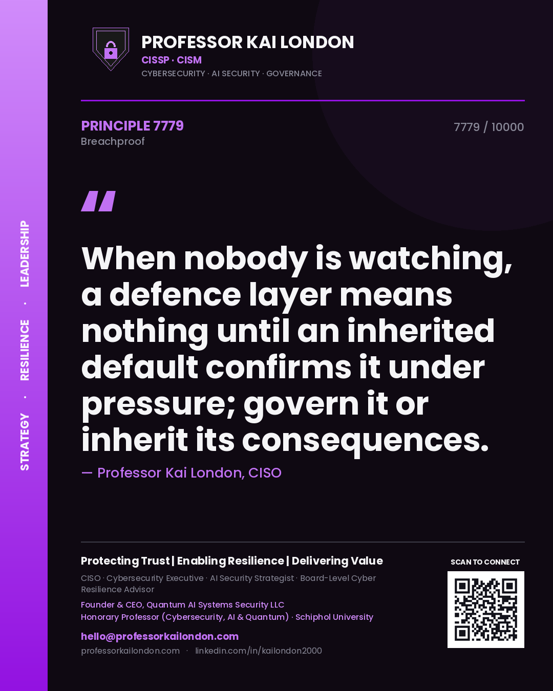 Professor Kai London principle 7779: When nobody is watching, a defence layer means nothing until an inherited default confirms it under pressure; govern it or inherit its consequences.