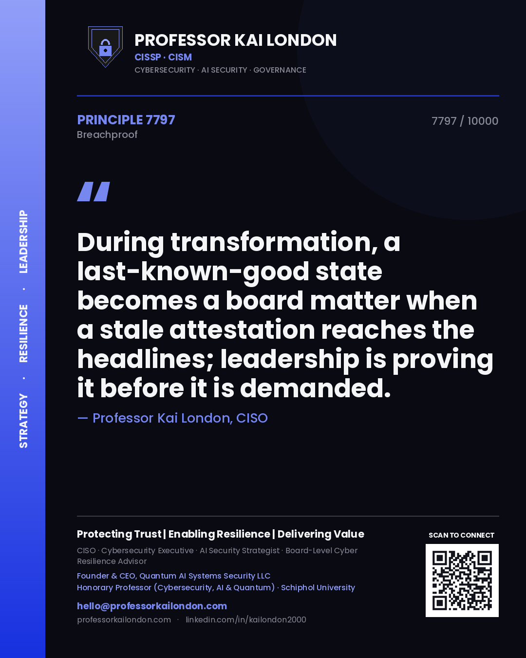 Professor Kai London principle 7797: During transformation, a last-known-good state becomes a board matter when a stale attestation reaches the headlines; leadership is proving it before it is demanded.
