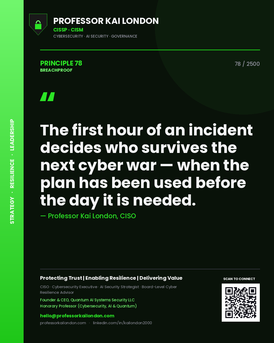 Professor Kai London principle 78: The first hour of an incident decides who survives the next cyber war — when the plan has been used before the day it is needed.