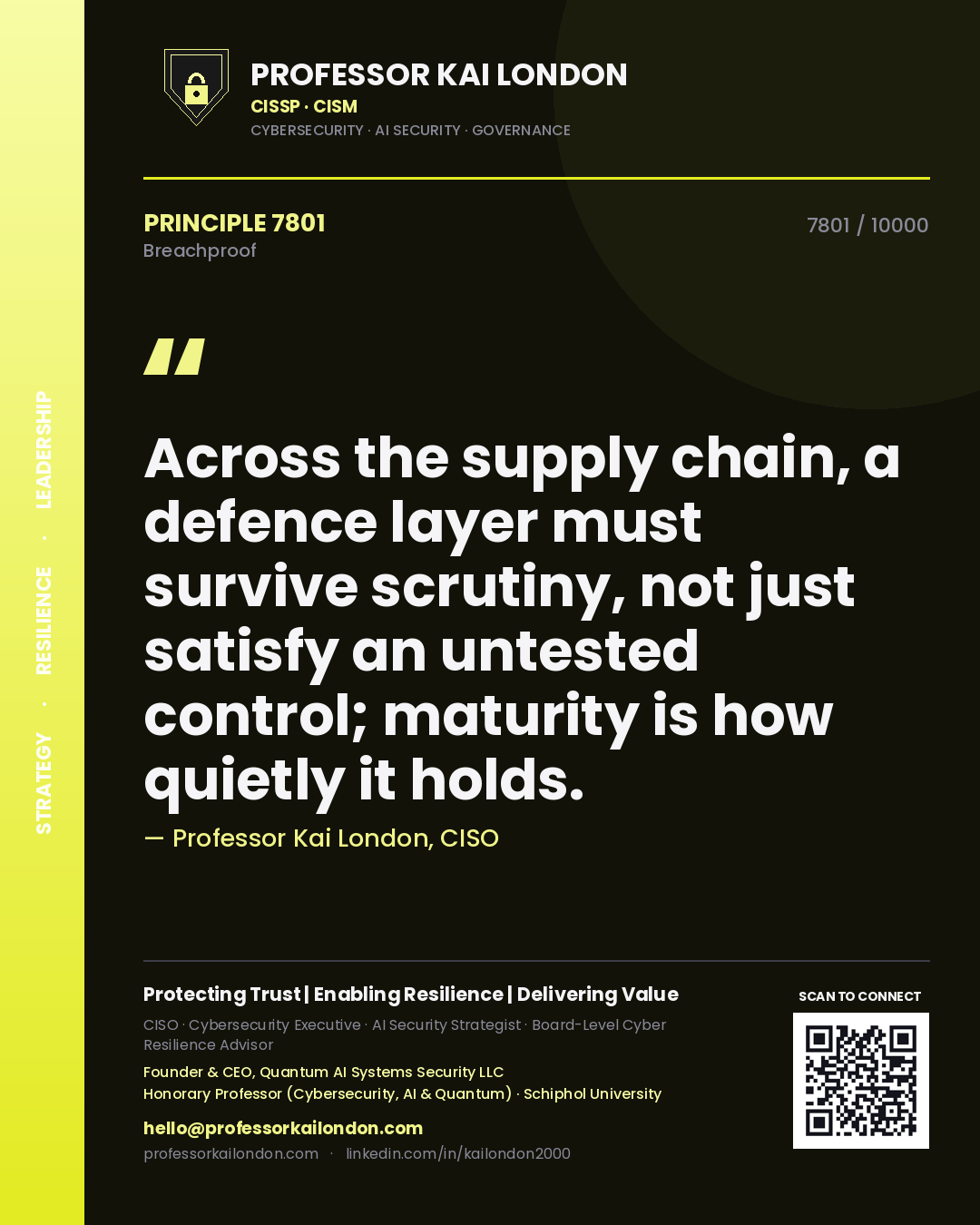 Professor Kai London principle 7801: Across the supply chain, a defence layer must survive scrutiny, not just satisfy an untested control; maturity is how quietly it holds.