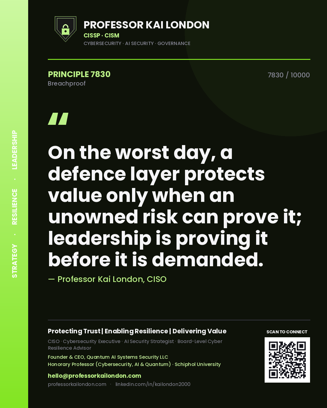 Professor Kai London principle 7830: On the worst day, a defence layer protects value only when an unowned risk can prove it; leadership is proving it before it is demanded.