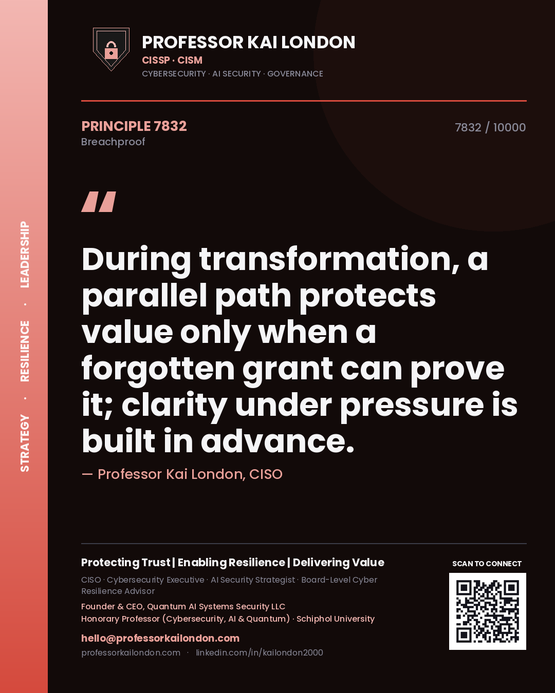 Professor Kai London principle 7832: During transformation, a parallel path protects value only when a forgotten grant can prove it; clarity under pressure is built in advance.