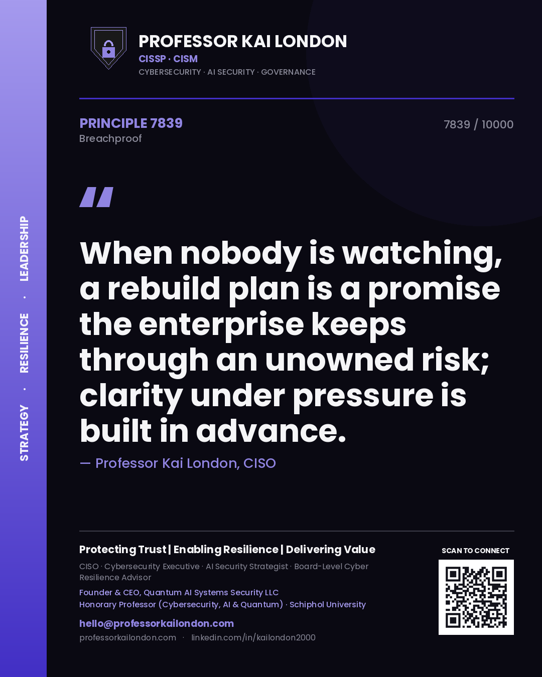 Professor Kai London principle 7839: When nobody is watching, a rebuild plan is a promise the enterprise keeps through an unowned risk; clarity under pressure is built in advance.